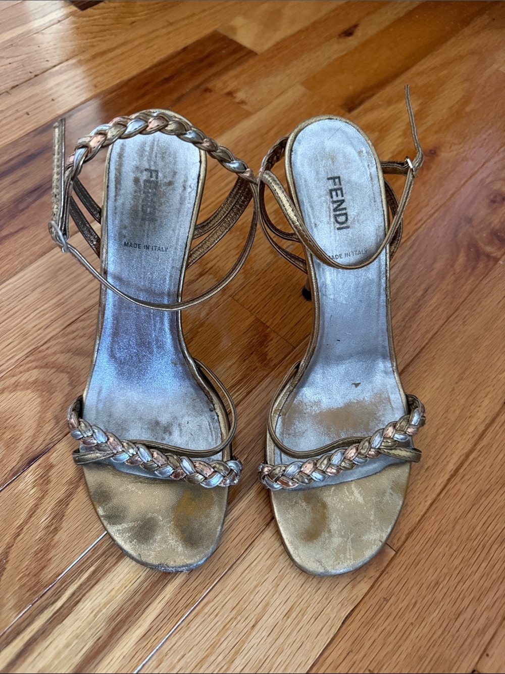 Fendi Y2K Gold Braided-Strap Stiletto Sandals